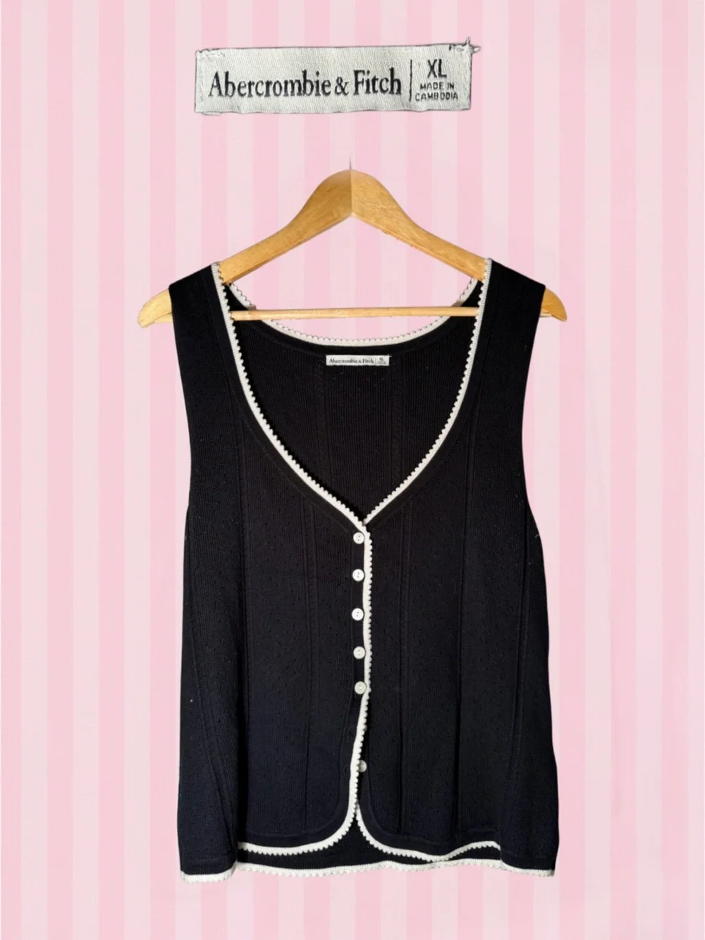 Abercrombie & Fitch Black Sleeveless Button-Front Tank with White Trim